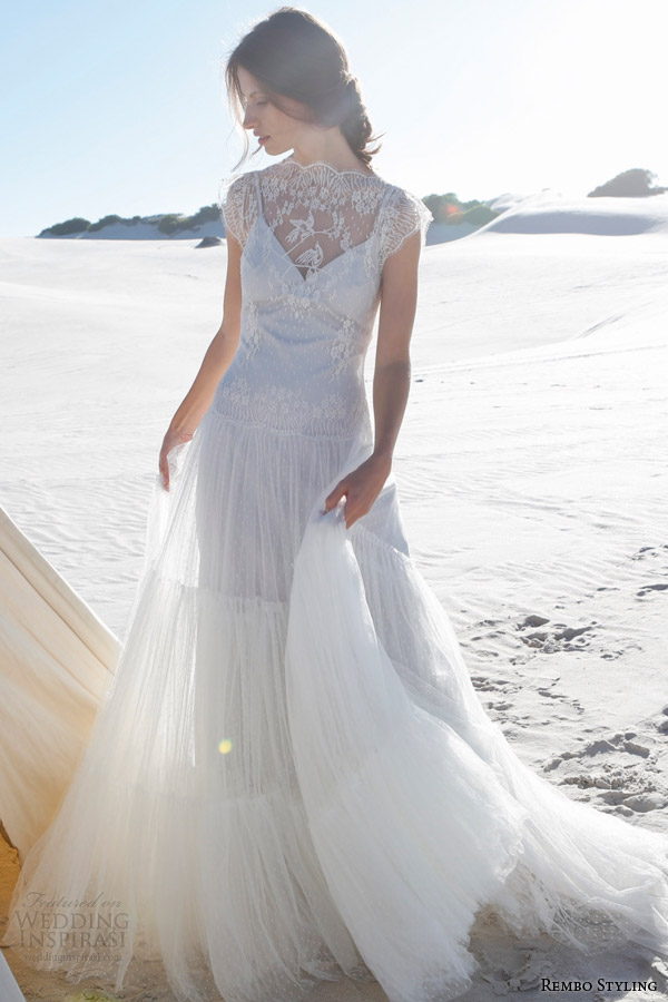 rembo styling bridal 2015 margot wedding dress illusion neckline lace cap sleeves close up