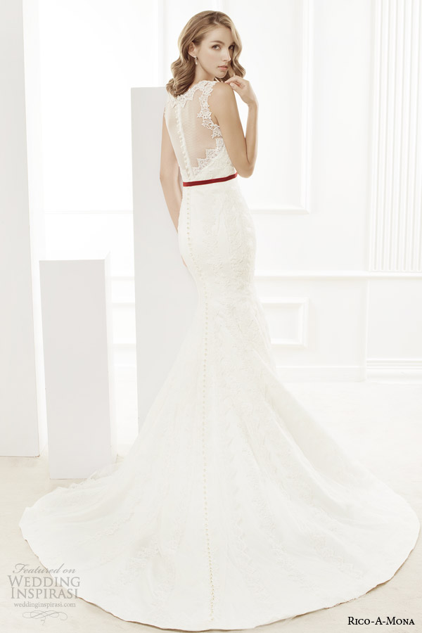 rico a mona 2014 demure collection sleeveless wedding dress illusion back red sash