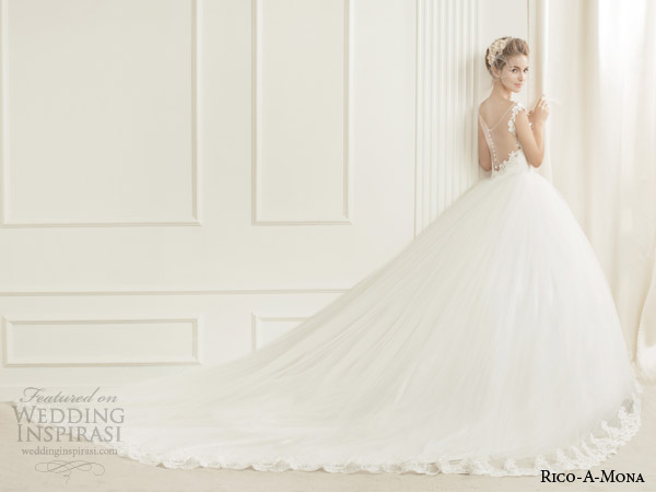 rico a mona demure wedding dress with illusion neckline back view full train