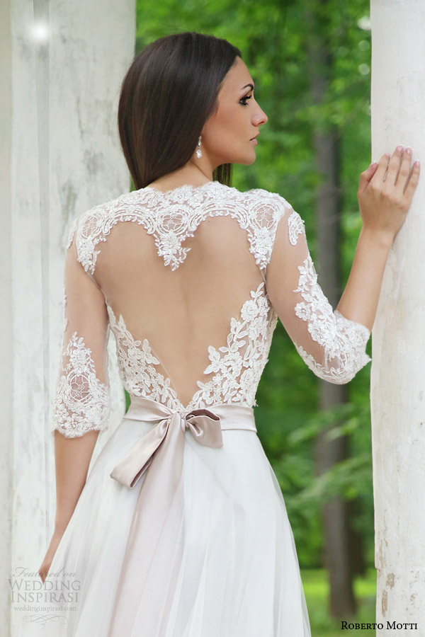 roberto motti 2015 melissa wedding dress illusion neckline half sleeve heart shaped back close up