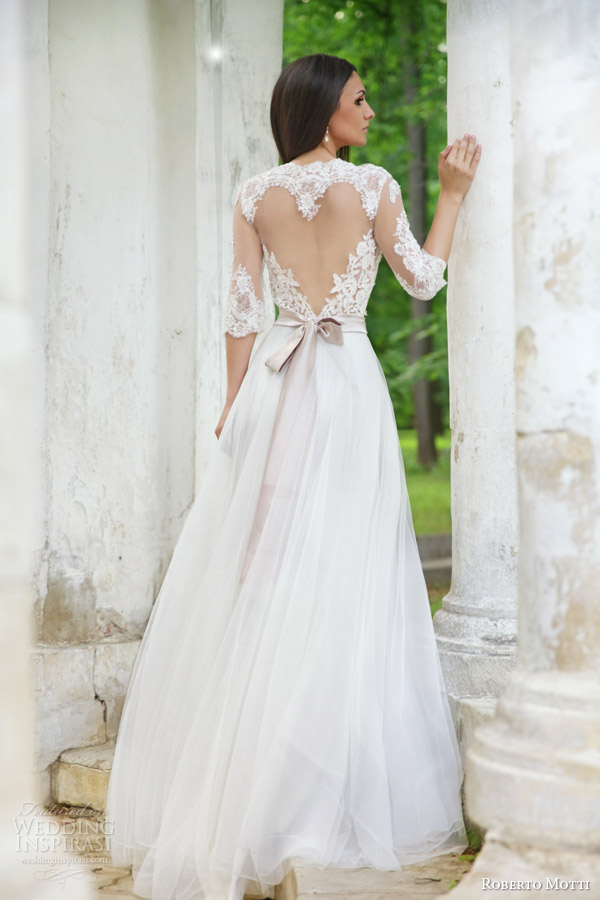 roberto motti 2015 melissa wedding dress illusion neckline half sleeve heart shaped back