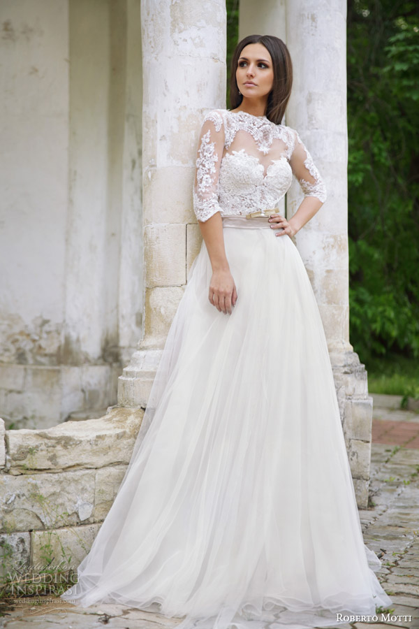 roberto motti 2015 melissa wedding dress illusion neckline half sleeve