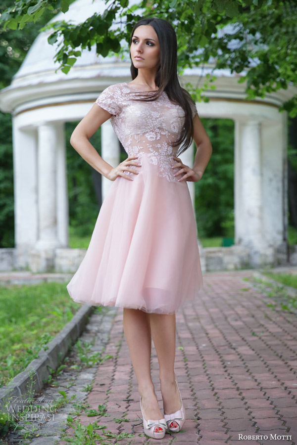 roberto motti bridal 2015 donatella cap sleeve pink short wedding dress 