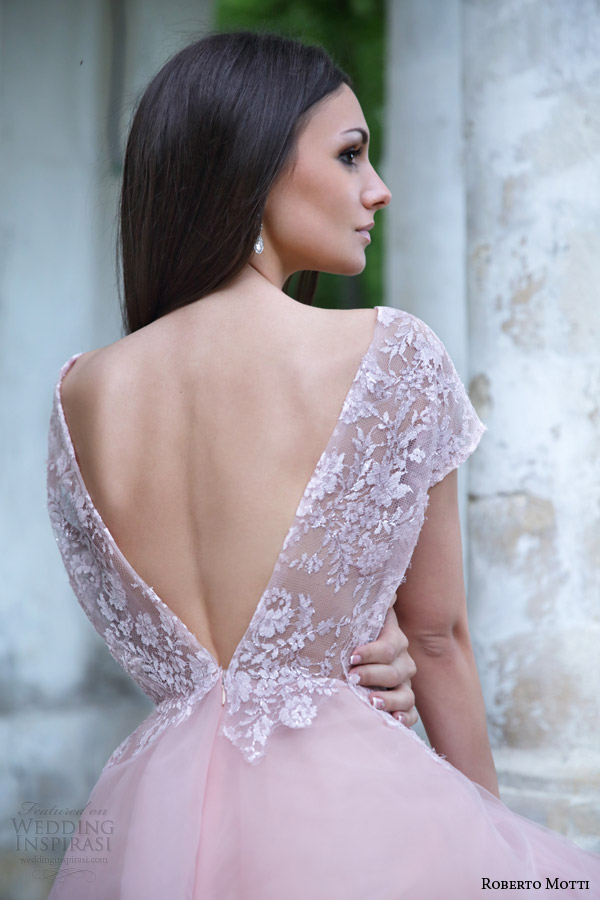 roberto motti bridal 2015 donatella cap sleeve pink wedding dress back view