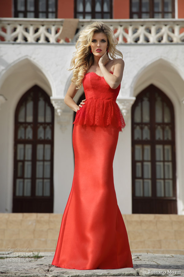 roberto motti bridal 2015 donna strapless red wedding dress with lace peplum