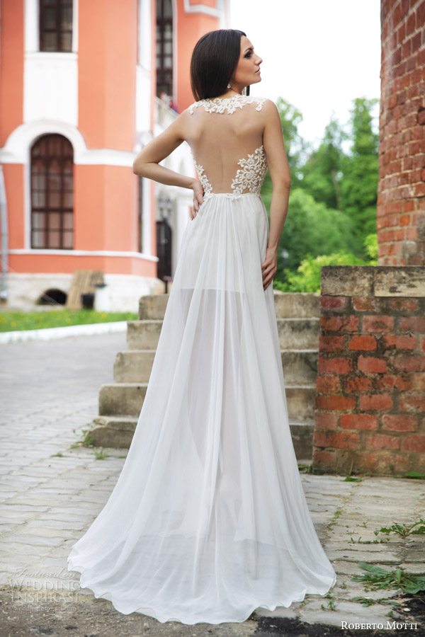 roberto motti bridal 2015 rafaella sleeveless short wedding dress long sheer overskirt illusion back view