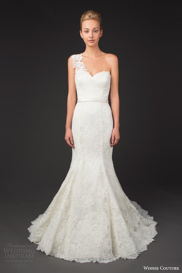 winnie couture bridal 2014 diamond label 3198 kenzi one shoulder lace trumpet wedding dress