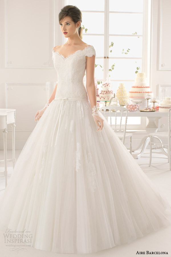 aire barcelona wedding dresses bridal 2015 asunta drop waist ball gown off shoulder sleeves