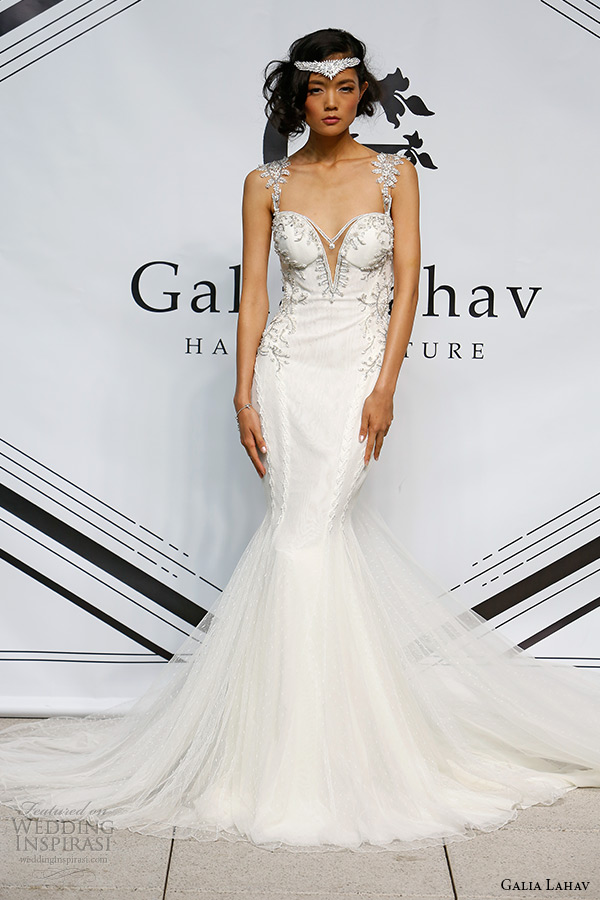 galia lahav fall 2015 bridal bustier plunging neckline jeweled strap sheath fit flare low cut back wedding dress style tiffany