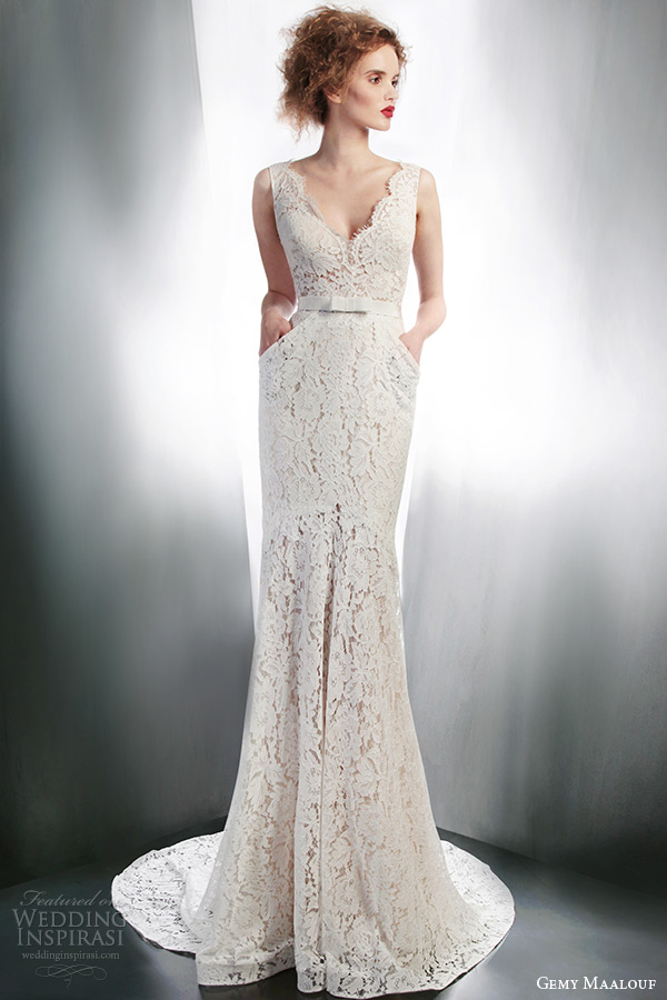 gemy maalouf 2015 bridal sleeveless lace sheath wedding dress with pockets style 4139