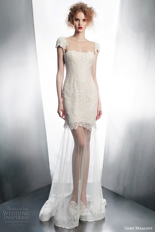 gemy maalouf bridal 2015 cap sleeve wedding dress sheer skirt style 4154