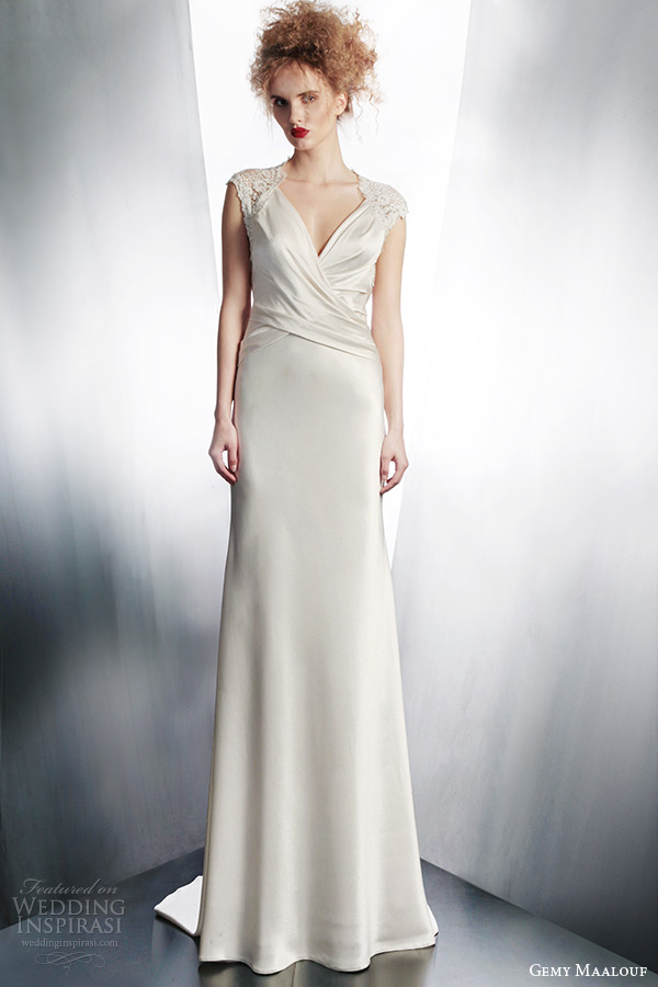 gemy maalouf wedding dresses 2015 bridal gown with lace cap sleeves draped bodice style 4126