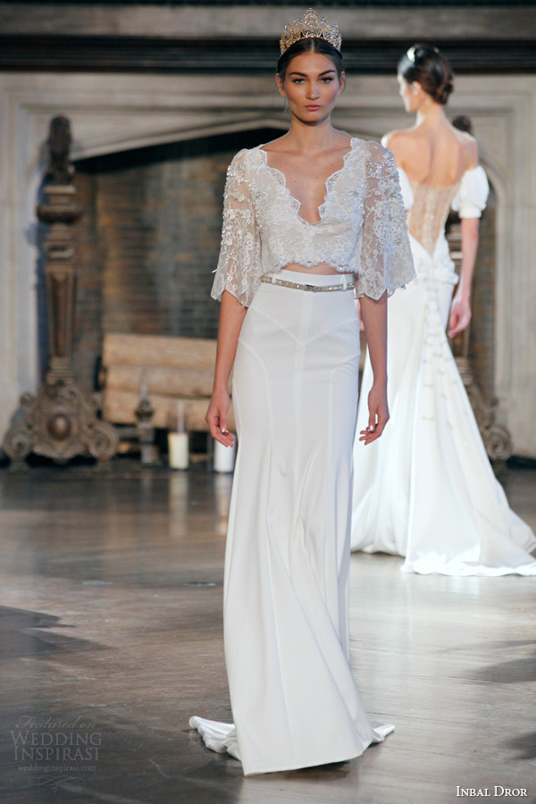 inbal dror bridal fall winter 2015 gown 10 wedding dress lace top three quarter sleeves long skirt