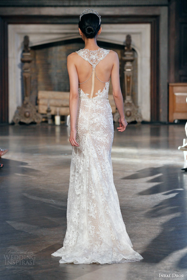 inbal dror bridal fall winter 2015 gown 3 sleeveless sheath wedding dress illusion neckline back view train