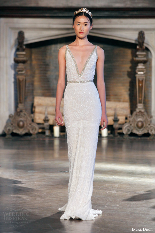 inbal dror bridal fall winter 2015 gown 5 sleeveless sequin v neck sheath wedding dress embellished straps