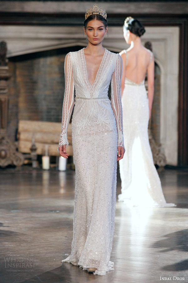 inbal dror bridal fall winter 2015 gown 6 long sleeve sheath wedding dress deep v neckline