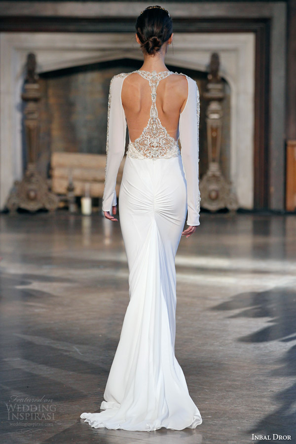 inbal dror bridal fall winter 2015 gown 7 sleeveless sheath gown long sleeve jacket back view train