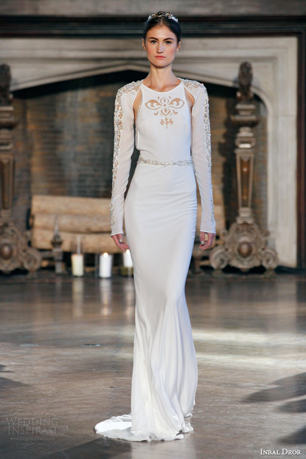 inbal dror bridal fall winter 2015 gown 7 sleeveless sheath gown long sleeve jacket