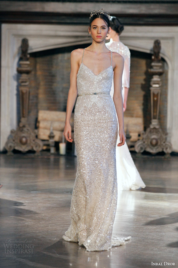 inbal dror bridal fall winter 2015 gown 8 sleeveless sheath sequin wedding dress straps