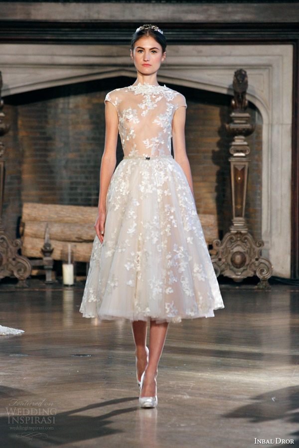 inbal dror fall winter 2015 bridal gown 18 short wedding dress sheer bodice illusion cap sleeves