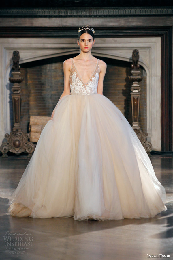 inbal dror fall winter 2015 bridal gown 19 sleeveless blush peach tulle ball gown wedding dress