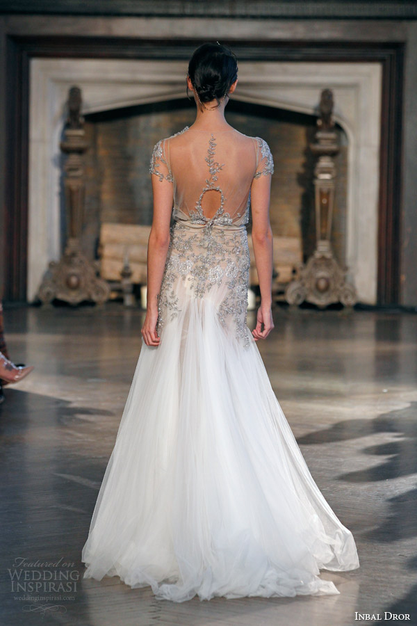 inbal dror fall winter 2015 bridal gown 21 short sleeve crystal embellished blouson wedding dress back view