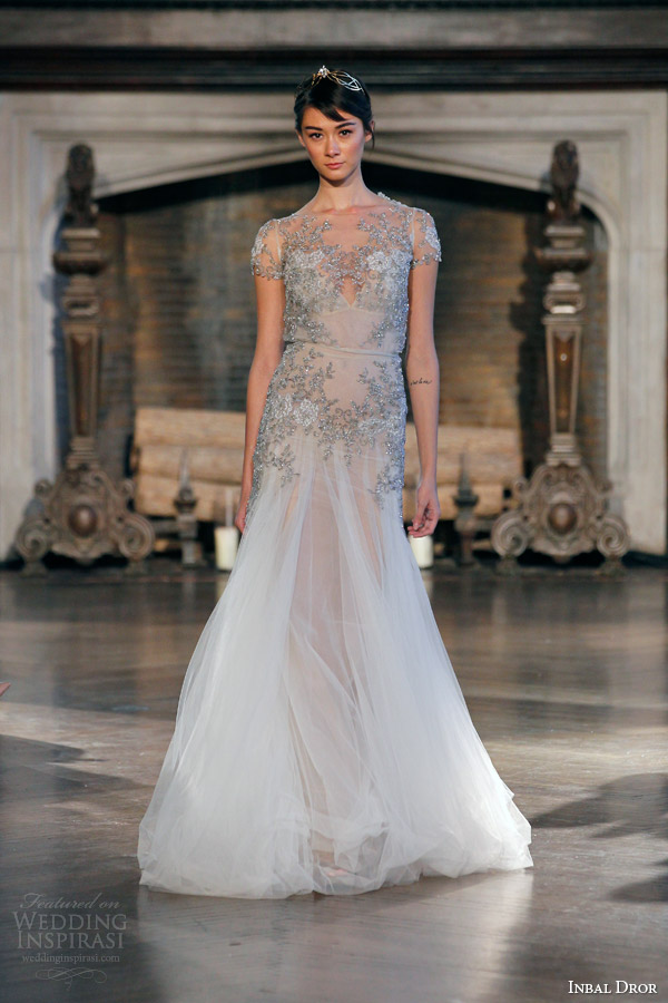 inbal dror fall winter 2015 bridal gown 21 short sleeve crystal embellished blouson wedding dress