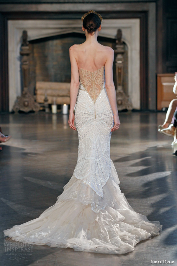 inbal dror fall winter 2015 bridal gown 24 strapless beaded mermaid wedding dress illusion lace back view