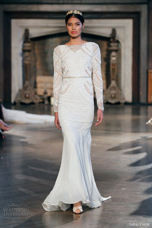 inbal dror fall winter 2015 bridal gown 25 long sleeve bateau neck embellished trumpet sheath wedding dress