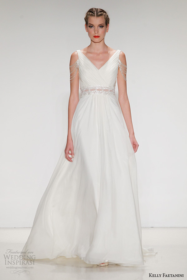 kelly faetanini wedding dress fall 2015 bridal silk chiffon a line v neck gown illusion waistband beaded fringe sleeve emeline