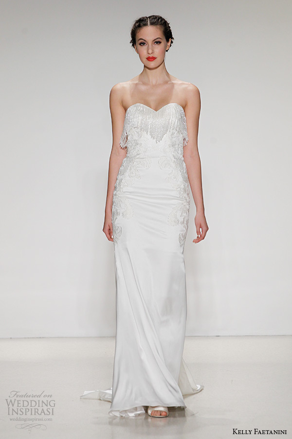 kelly faetanini wedding dress fall 2015 bridal strapless fringe neckline cut out back silk sheath gown jules