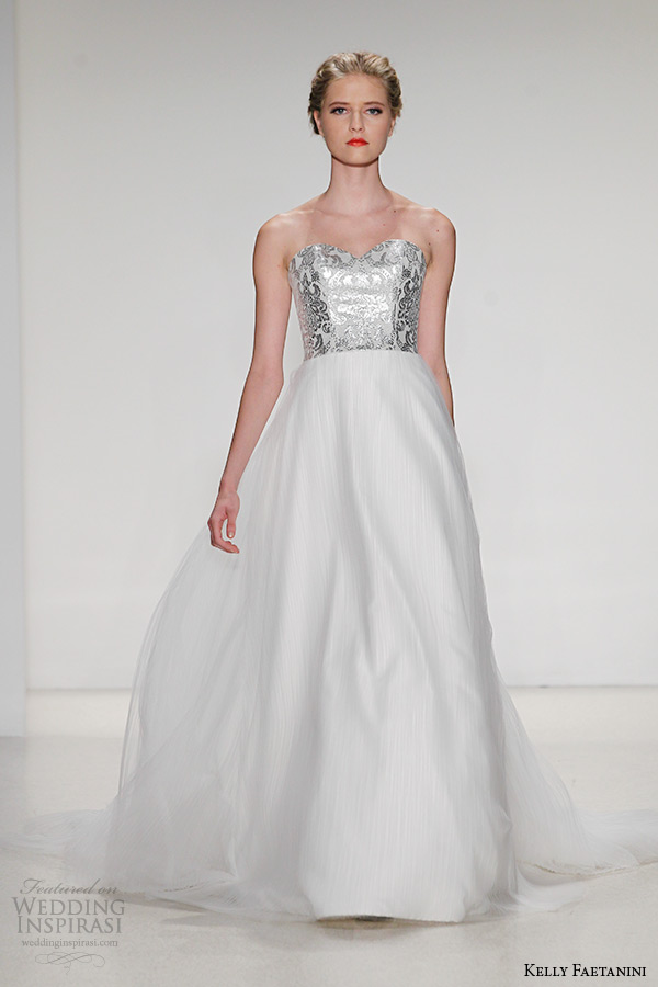 kelly faetanini wedding dress fall 2015 strapless sweetheart neckline leather bodice tulle ballgown perla