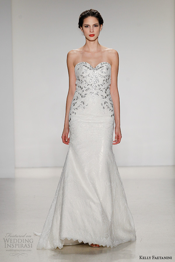 kelly faetanini wedding dress fall 2015 strapless sweetheart neckline open back metallic motif a line gown luisa