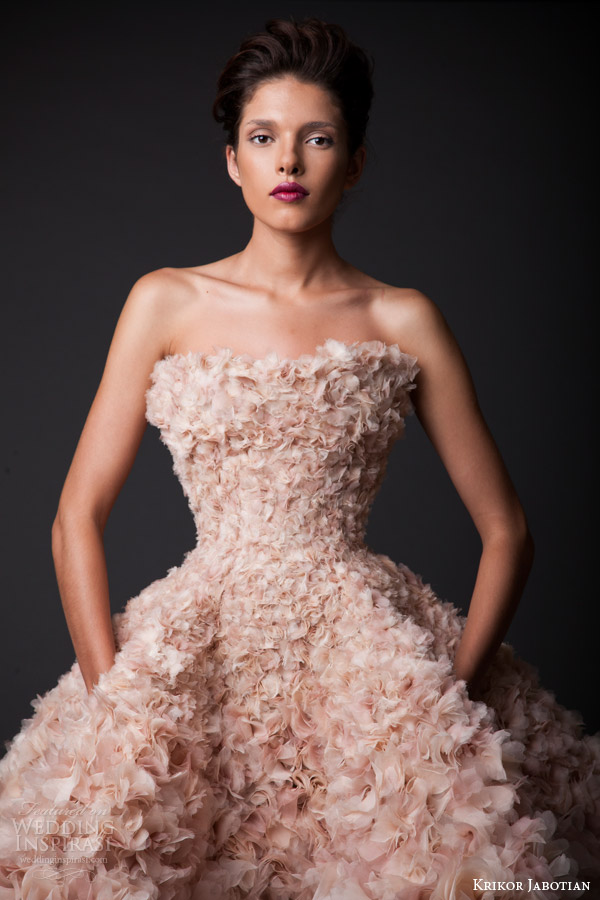 krikor jabotian fall winter 2014 2015 amal short floral petal wedding dress blush strapless bodice close up