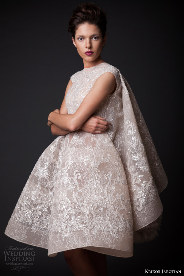 krikor jabotian fall winter 2014 2015 amal short wedding dress cape close up