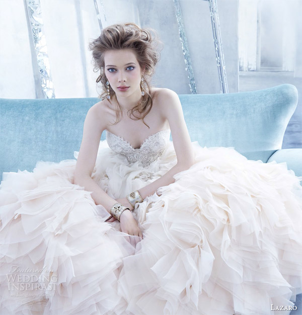 lazaro bridal fall 2014 sherbet ombre wedding dress style lz 3450 organza flounce gown lace strapless sweetheart bodice jewel ruffled skirt