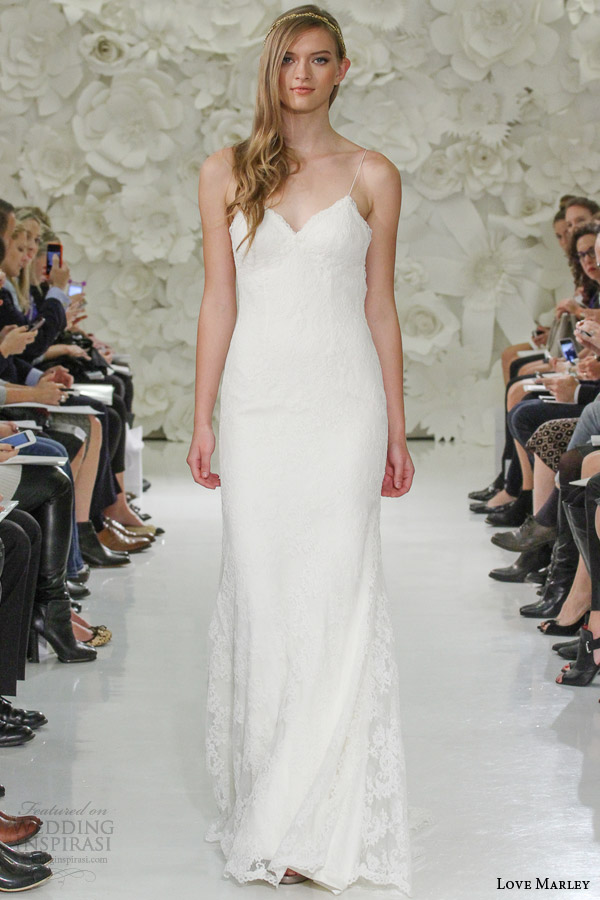 love marley bridal spring 2015 inez fit flare sheath wedding dress spaghetti straps