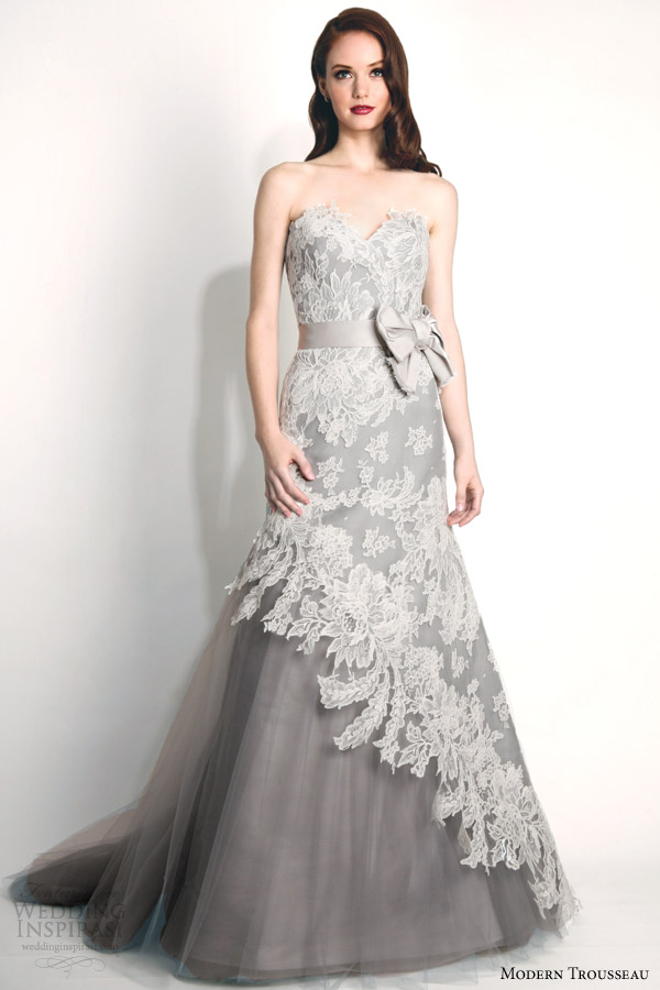 modern trousseau fall 2015 bridal storm strapless french alencon lace wedding dress oversized bow gray tulle skirt