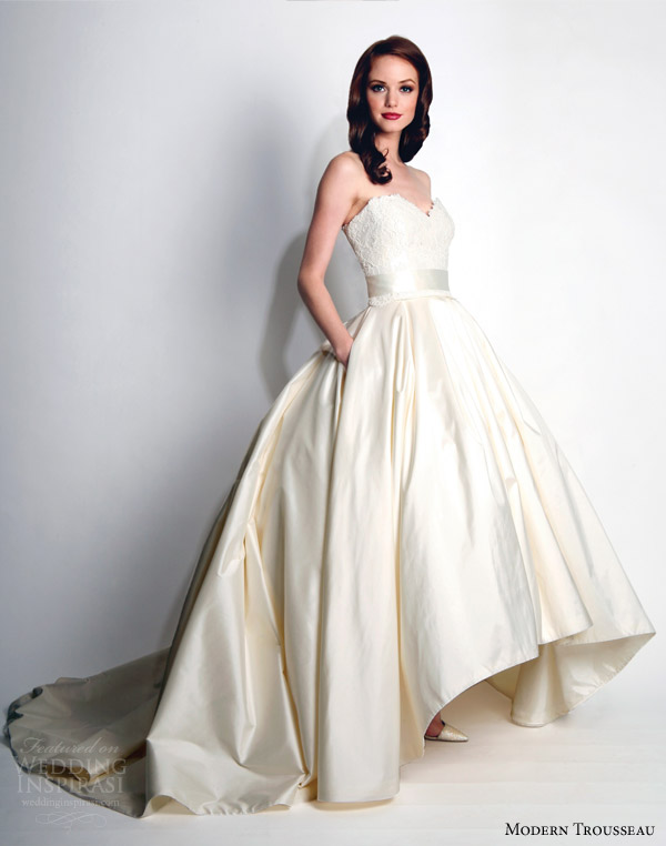 modern trousseau wedding dresses fall 2015 honor strapless ball gown high low hemline skirt