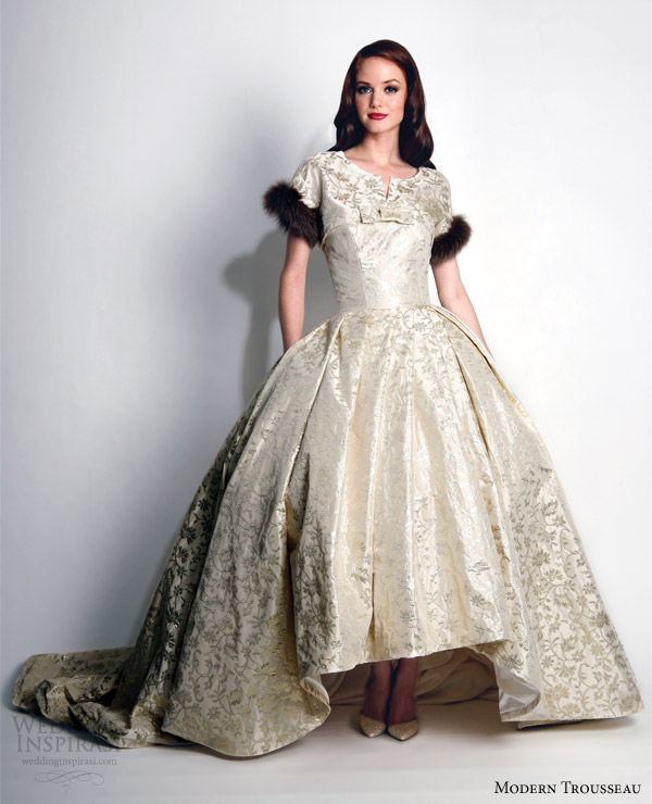 modern trousseau wedding dresses fall 2015 pride gold brocade ball gown matching jacket fur trim