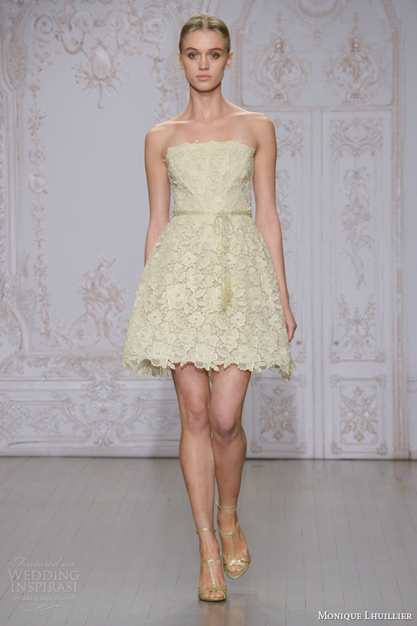 monique lhuillier bridal fall 2015 bellini short knee length wedding dress strapless antique gold guipure lace gold tassel wrap belt monique lhuillier bridal fall 2015 bellini short knee length wedding dress strapless antique gold guipure lace gold tassel wrap belt
