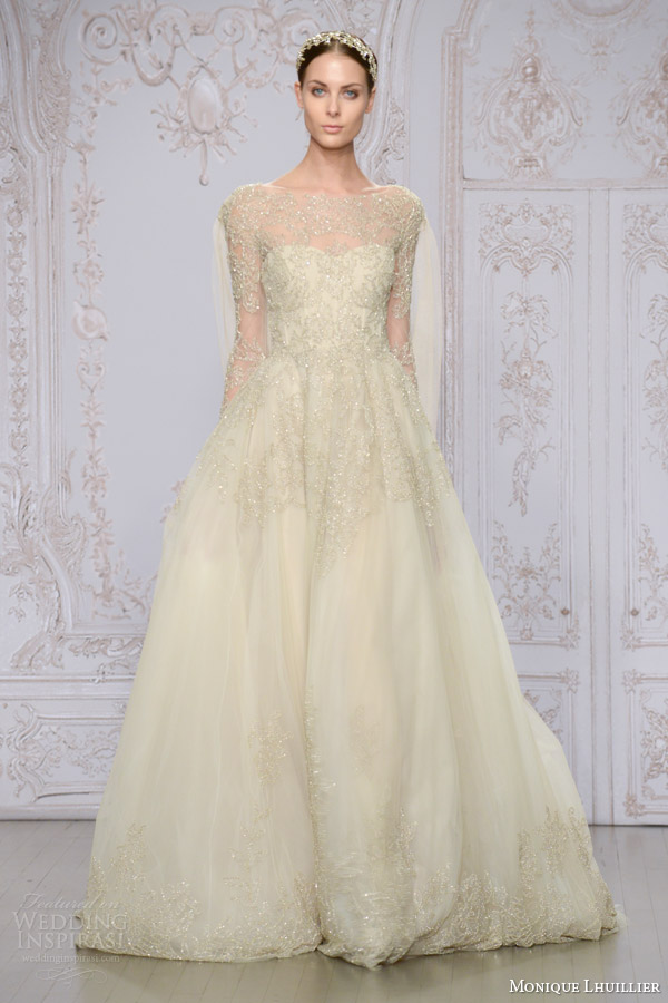 monique lhuillier bridal fall 2015 elizabeth rose gold ball gown wedding dress illusion long sleeves