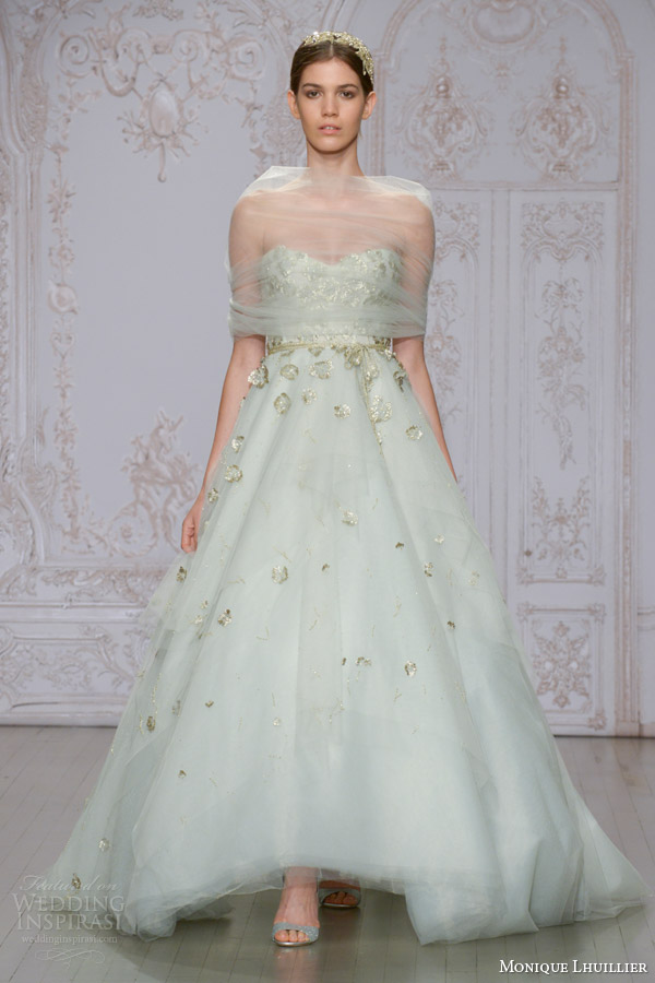 monique lhuillier bridal fall 2015 estee pistachio strapless sweetheart tulle ball gown floral embellishments tulle wrap