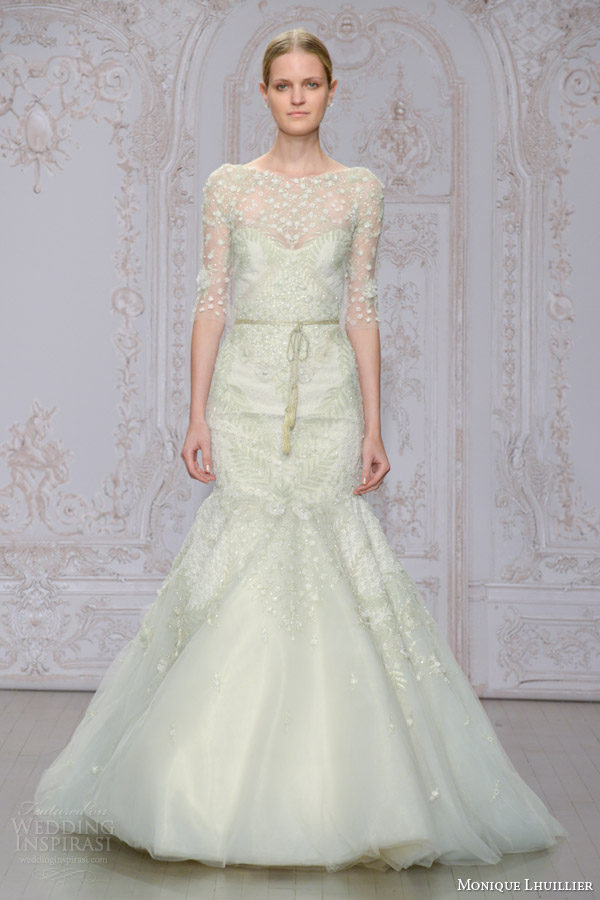 monique lhuillier bridal fall 2015 frost three quarter sleeve embroidered tulle mermaid wedding dress