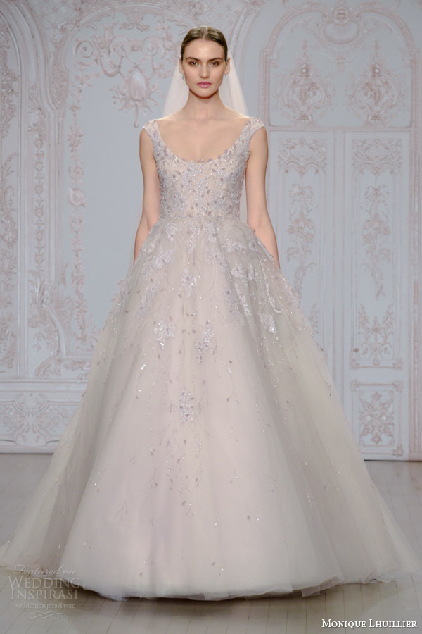 monique lhuillier bridal fall 2015 moonlit sleeveless lavender tulle ball gown wedding dress straps scoop neckline floral embellishments