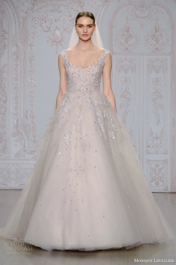 monique lhuillier bridal fall 2015 moonlit sleeveless lavender tulle ball gown wedding dress straps scoop neckline floral embellishments monique lhuillier bridal fall 2015 moonlit sleeveless lavender tulle ball gown wedding dress straps scoop neckline floral embellishments