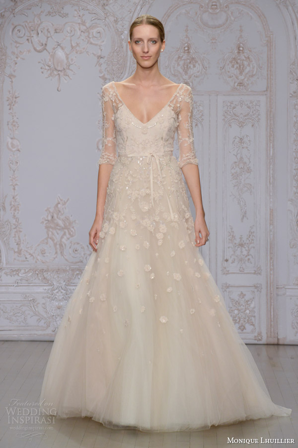 monique lhuillier bridal fall 2015 natalia three quarter illusion sleeve a line wedding dress v neck