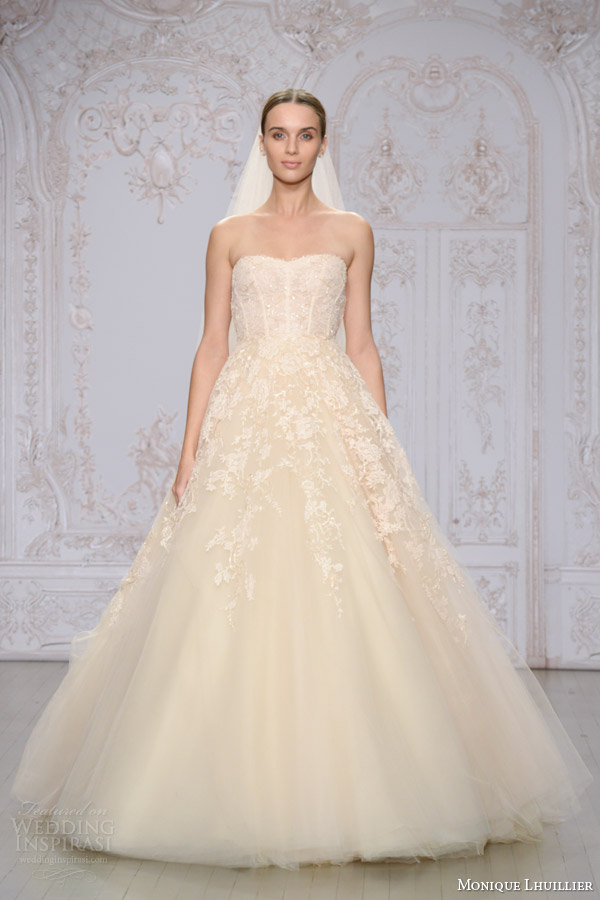 monique lhuillier bridal fall 2015 paradise strapless sweetheart ball gown wedding dress embroidered lace