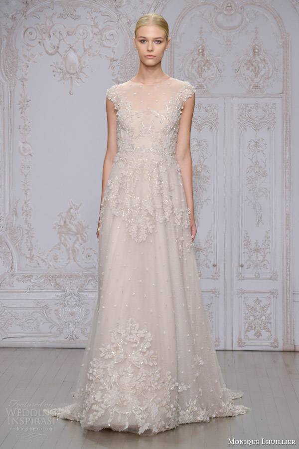 monique lhuillier bridal fall 2015 primrose embellished lace tulle cap sleeve a line wedding dress