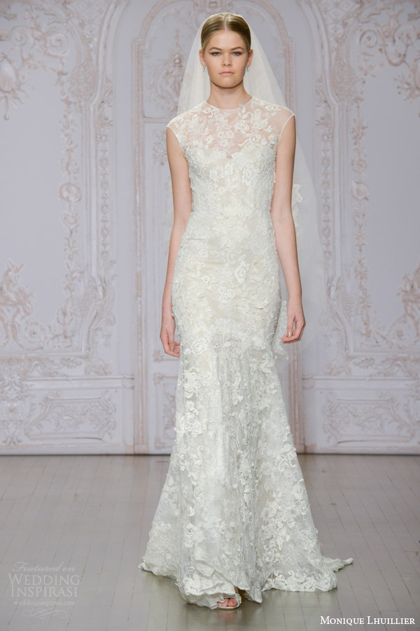 monique lhuillier bridal fall 2015 stella cap sleeve illusion neckline sheath wedding dress lace